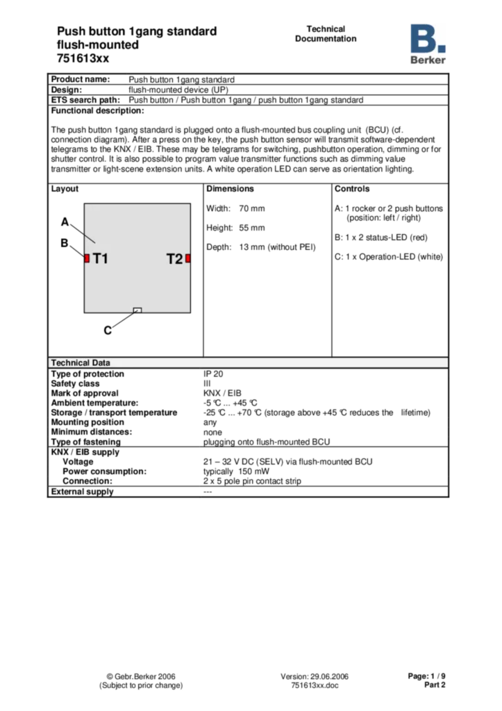 Bild Applikationsbeschreibung ETS für 751613xx - Tastsensor 1fach (EN, 2006-06) | Hager Deutschland