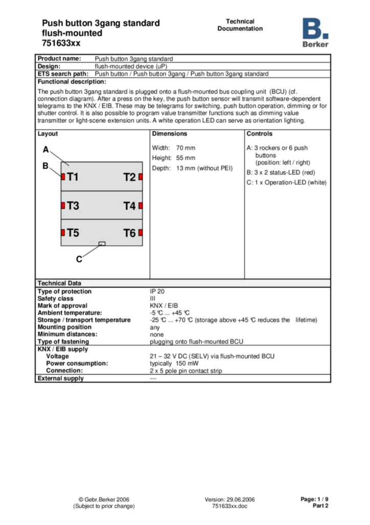 Bild Applikationsbeschreibung ETS für 751633xx - Tastsensor 3fach (EN, 2006-06) | Hager Deutschland