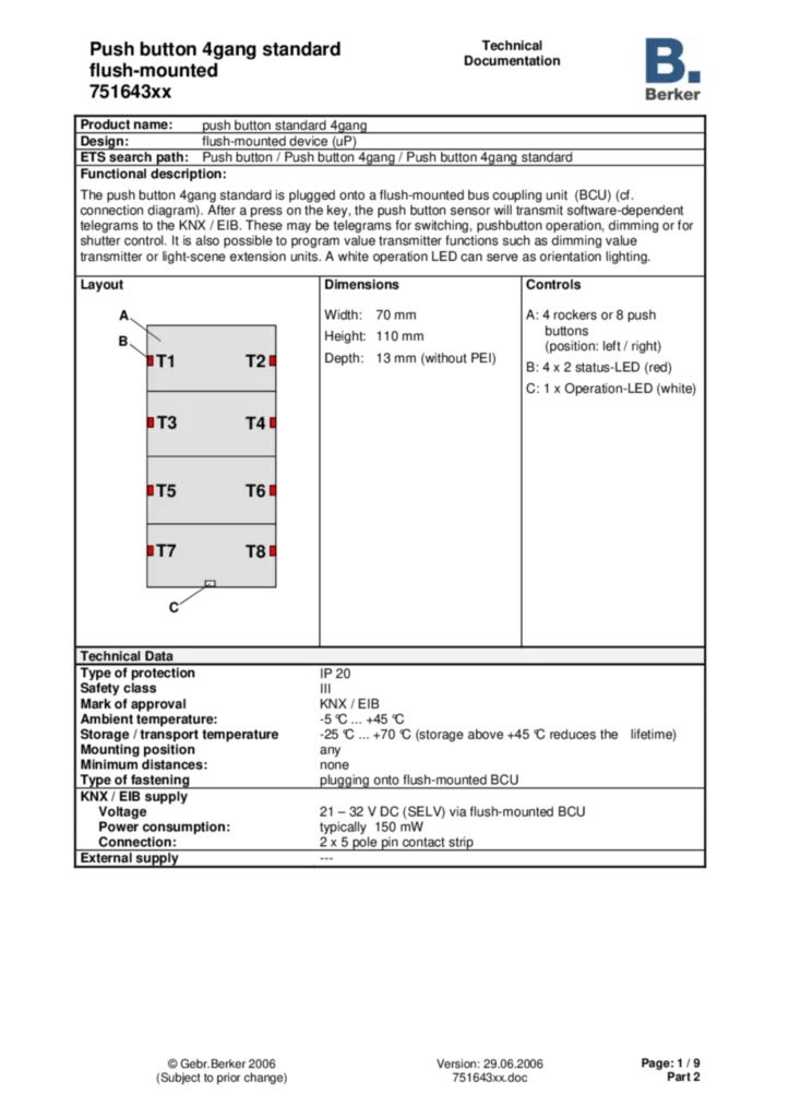 Bild Applikationsbeschreibung ETS für 751643xx - Tastsensor 4fach (EN, 2006-06) | Hager Deutschland