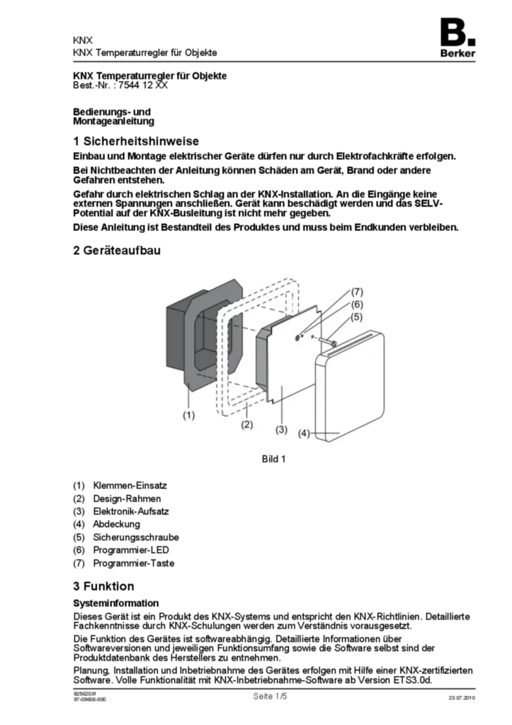 Bild Bedienungs- und Montageanleitung für 754412xx - KNX Temperaturregler für Objekte (DE, Stand: 07.2010) | Hager Deutschland
