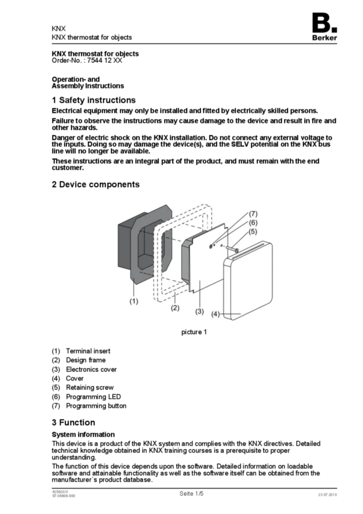 Bild Bedienungs- und Montageanleitung für 754412xx - KNX Temperaturregler für Objekte (EN, 2010-07) | Hager Deutschland