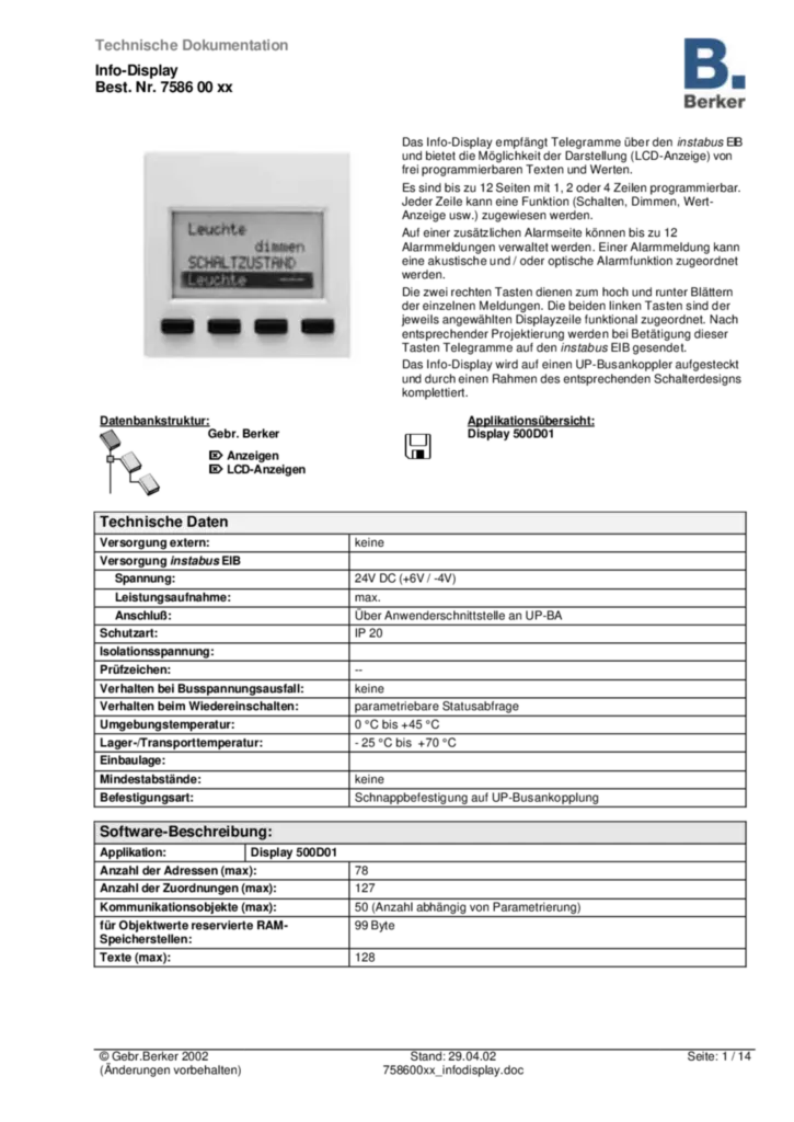 Bild Applikationsbeschreibung ETS für 758600xx - Info-Display (DE, 2002-04) | Hager Deutschland