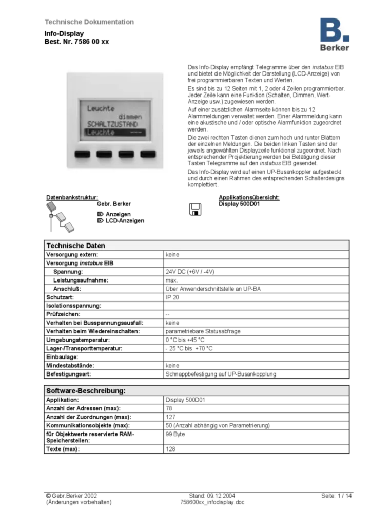 Bild Applikationsbeschreibung ETS für 758600xx - Info-Display (DE, 2004-12) | Hager Deutschland