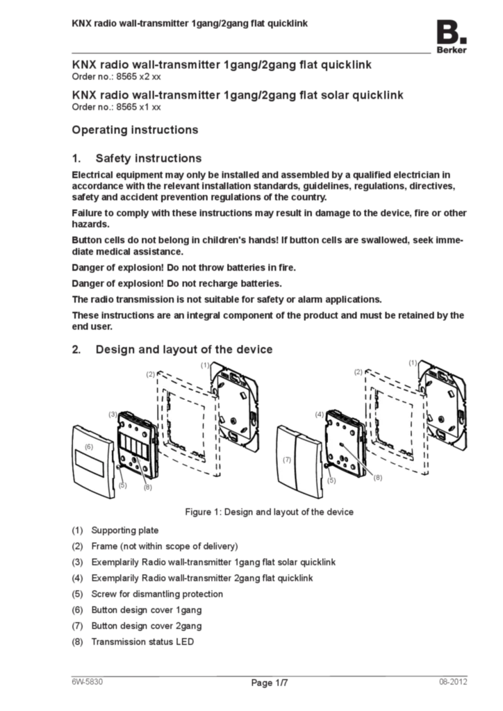 Image Notice d'instruction pour 856552xx, 856562xx, 856551xx et 856561xx - Émetteur radio mural KNX 1/2 postes quicklink, solaire/version plate (EN, 2012-08) | Hager Belgique