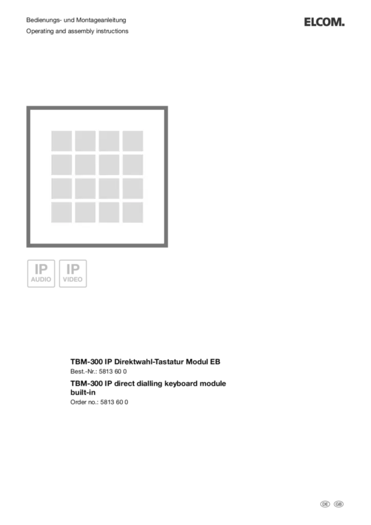 Bild Bedienungs- und Montageanleitung für 5813600 - TBM-300 IP Direktwahl-Tastatur Modul EB (DE-EN, Stand: 11.2016) | Hager Deutschland