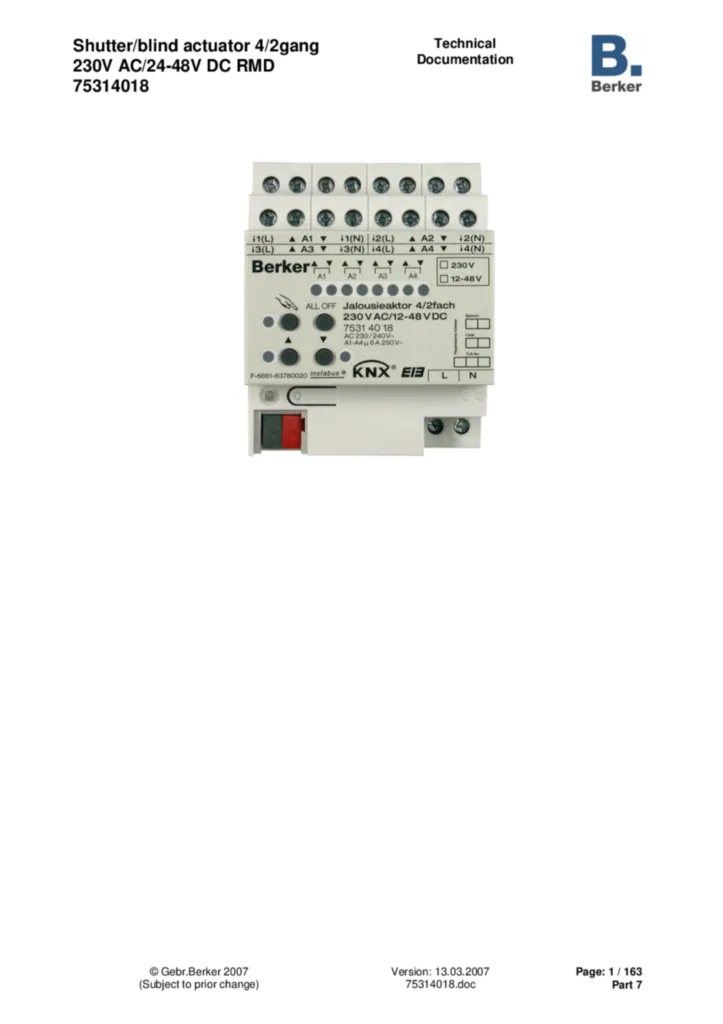 Bild Applikationsbeschreibung ETS für 75314018 - Jalousieaktor 4-/2fach REG 230 V AC/12 - 48 V DC (EN, 2007-03) | Hager Deutschland