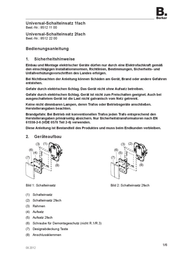 Immagine Manual for 85121100-85122200 - Universal switch insert 1-/2gang (DE, 2012-08) | Hager Italia