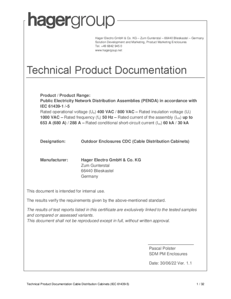 Bild Technical Documentation KVS accord. to IEC 61439-5 (Ver. 1.1, 06/2022) | Hager Deutschland