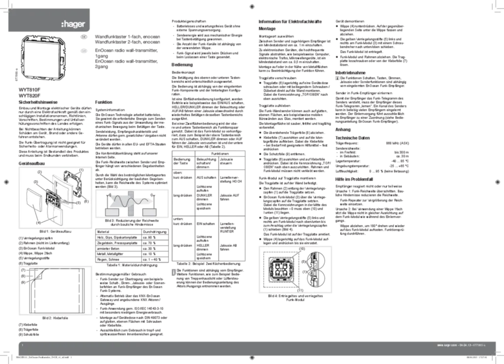 Bild Bedienungs- und Montageanleitung für WYT810F - Funk Wandtaster EnOcean 1fach (DE-EN, Stand: 04.2013) | Hager Deutschland