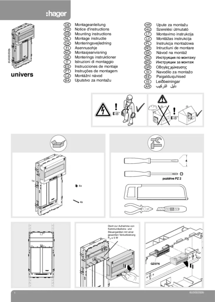 Bild Montageanleitung für ZU96EN - Zählertragplatte für eHZ, univers N, Höhe 450 mm, mit Raum für Zusatzanwendungen (Stand: 07.2011) | Hager Deutschland