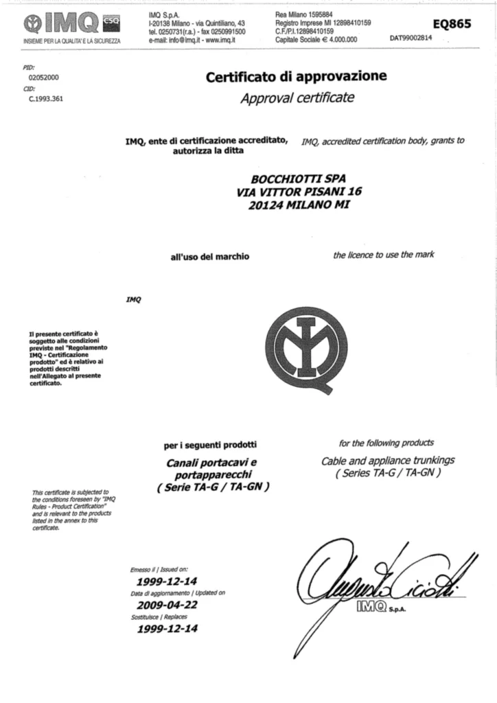 Immagine Certificazioni Ulteriori_Bocchiotti_TA-GN_IMQ_EN50085 | Hager Italia