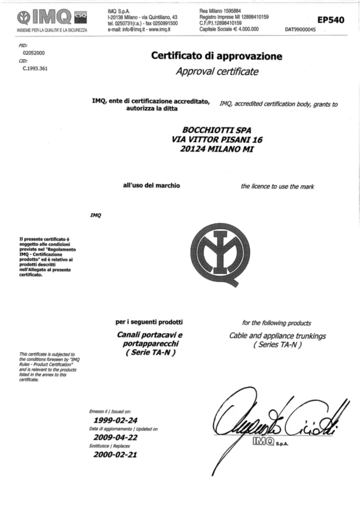 Immagine Certificazioni Ulteriori_Bocchiotti_TA-N_IMQ_EN50085 | Hager Italia