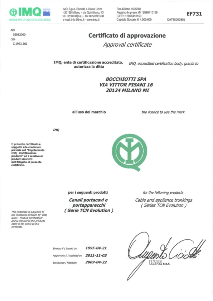 Immagine Certificazioni Ulteriori_Bocchiotti_TCN_IMQ | Hager Italia