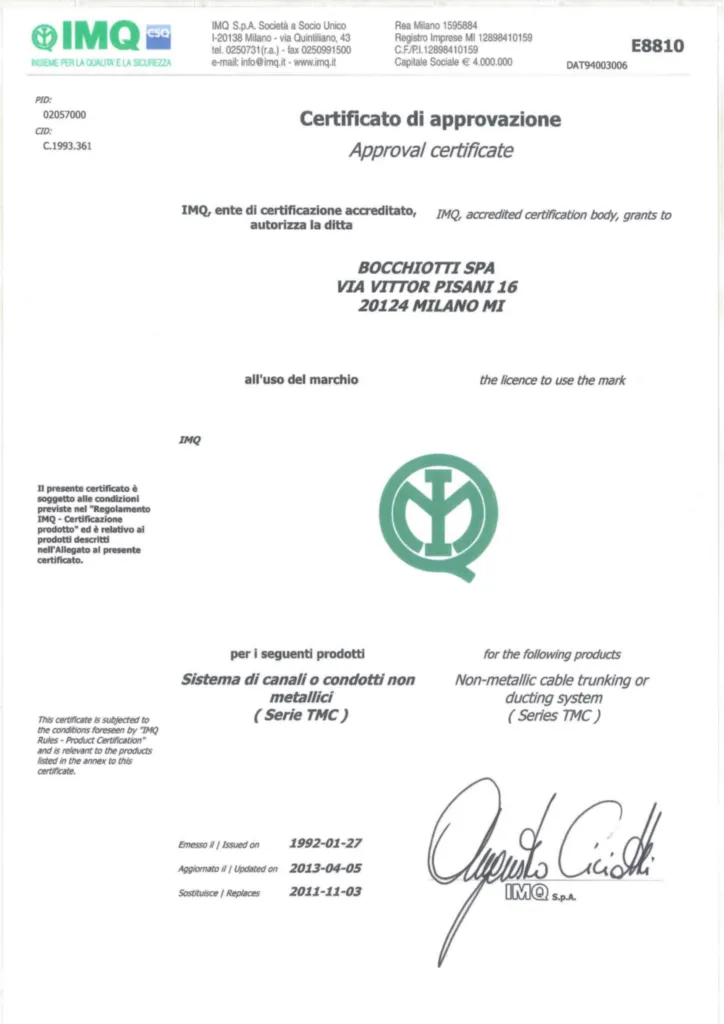 Immagine Certificazioni Ulteriori_Bocchiotti_TMC_IMQ_E8810 | Hager Italia