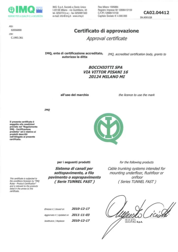 Immagine Certificazioni Ulteriori_Bocchiotti_TUNNEL_FAST_IMQ | Hager Italia