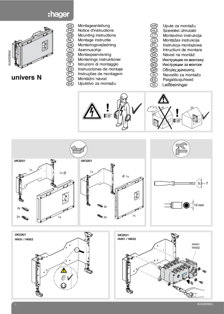 Bild Montageanleitung für UK22U1, UK32U1 - Baustein, universN, für Umschalter, manuell (Stand: 02.2011) | Hager Deutschland