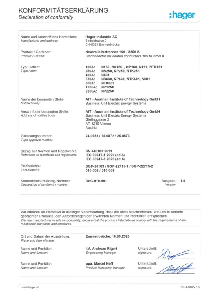 Image Déclaration de conformité pour Sectionneur de conducteur neutre | Hager Suisse