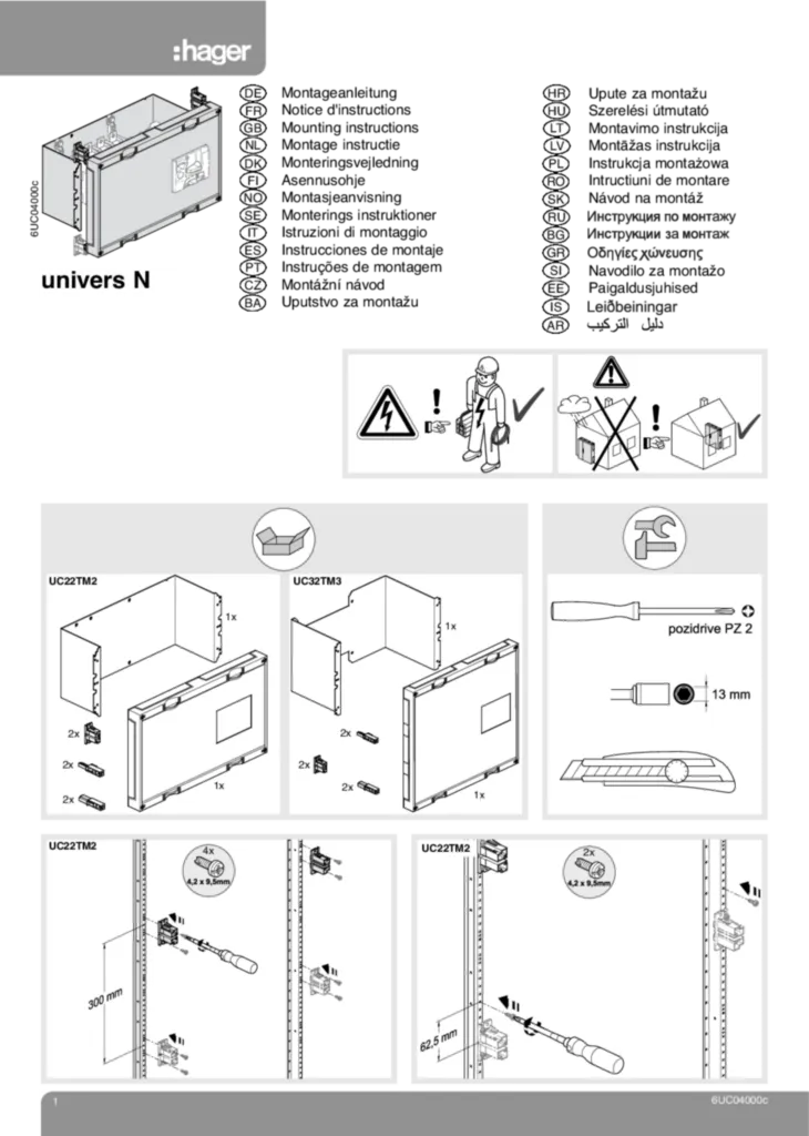 Bild Montageanleitung für UC22TM2 - Bausatz, universN, 300x500 mm für Lastumschalter mit Motor, 125 - 400 A (Stand: 11.2011) | Hager Deutschland