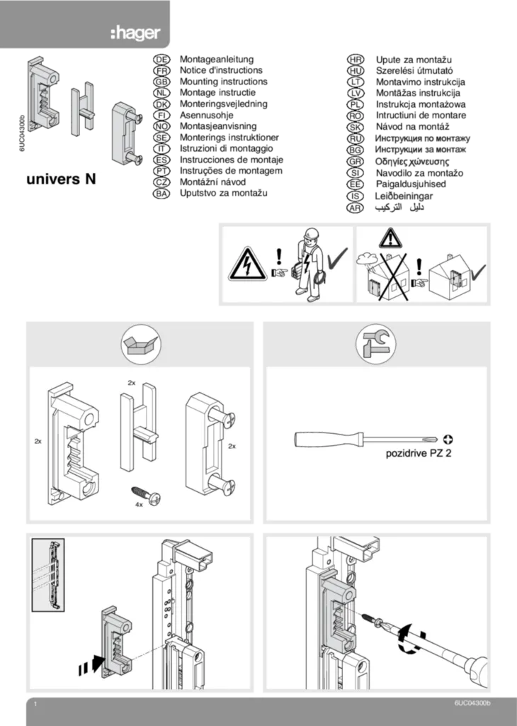 Bild Montageanleitung für UZ61S3 - Sammelschienenträger 60 mm, universN, 1-polig, Set = 2 Stück, koppelbar an 3P-Träger (Stand: 10.2011) | Hager Deutschland