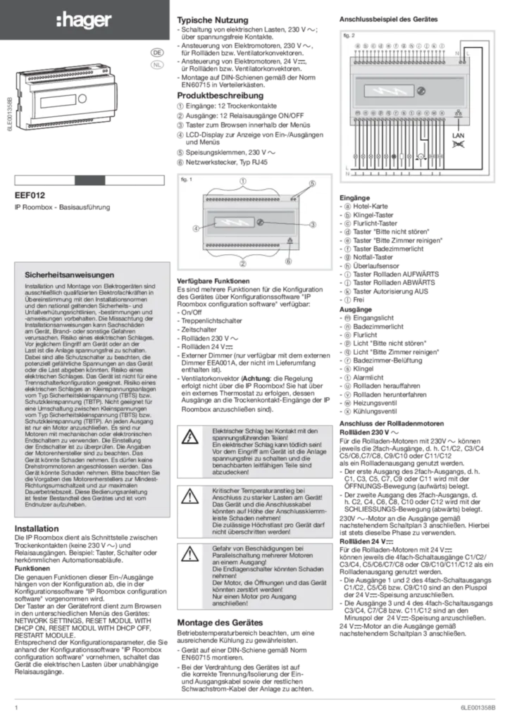 Bild Installationsanleitung für EEF012 - IP Raumcontroller 12 Ein-/Ausgänge (DE-NL, Stand: 09.2017) | Hager Deutschland