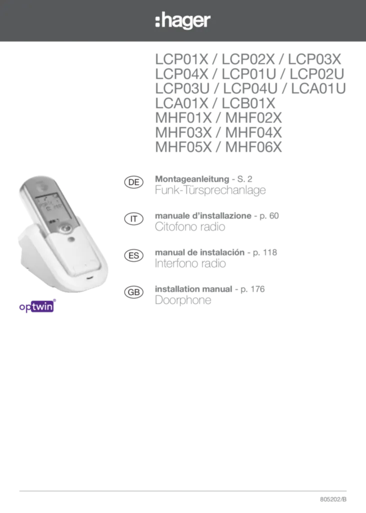 Bild Installationsanleitung für LCA01U, LCB01X, LCP01U, MHF01X - Türstation/Set 1-2 Teilnehmer/Zubehör (DE, Stand: 03.2019) | Hager Deutschland