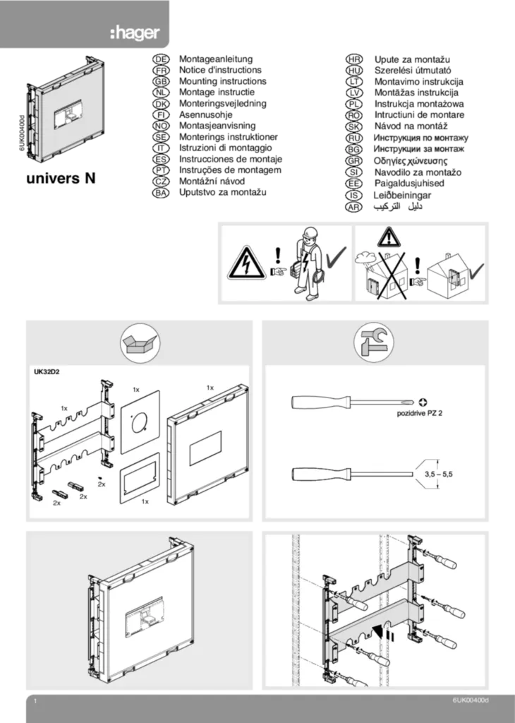 Bild Montageanleitung für UK32D2 - Baustein, universN, 450x500 mm, für Leistungsschalter h800/1000A (Stand: 07.2011) | Hager Deutschland