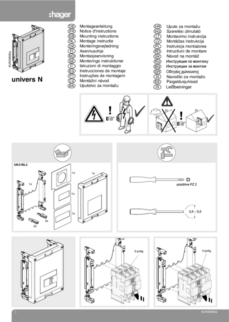 Bild Montageanleitung für UK21BL2, UK31BL3 - Baustein, universN, für Leistungsschalter h250A (Stand: 03.2010) | Hager Deutschland