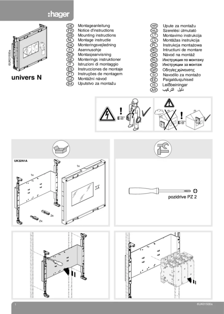 Bild Montageanleitung für UK32N1A - Baustein, universN, 450x500 mm, für Fuserbloc 400A (Stand: 02.2011) | Hager Deutschland