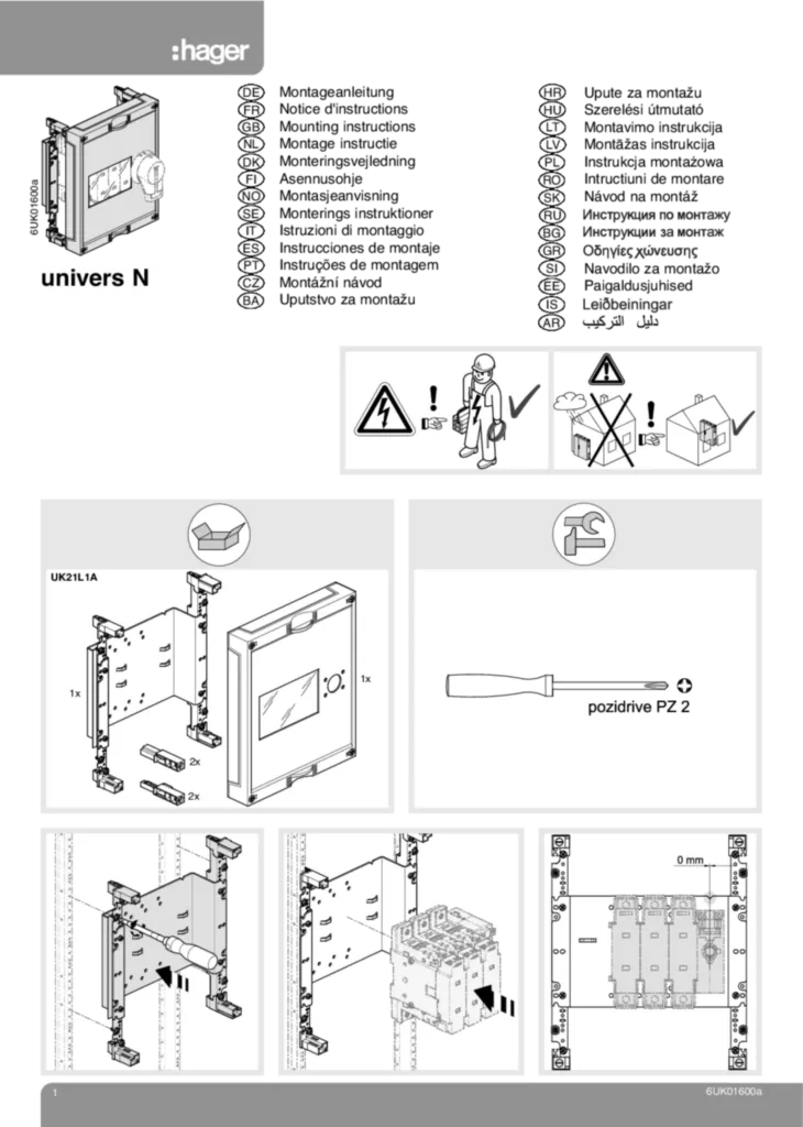 Bild Montageanleitung für UK21L1A - Baustein, universN, 300x250 mm, für Fuserbloc 160A (Stand: 02.2011) | Hager Deutschland