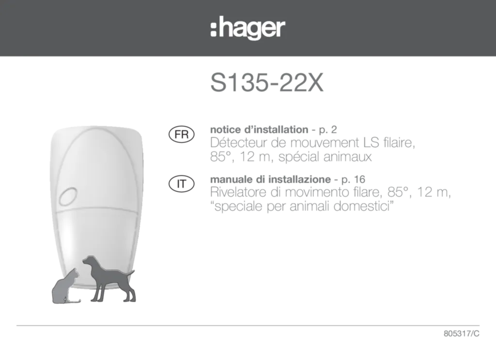 Image Notice Instal IR Filaire Spéc Animaux Hager S135-22X | Hager France