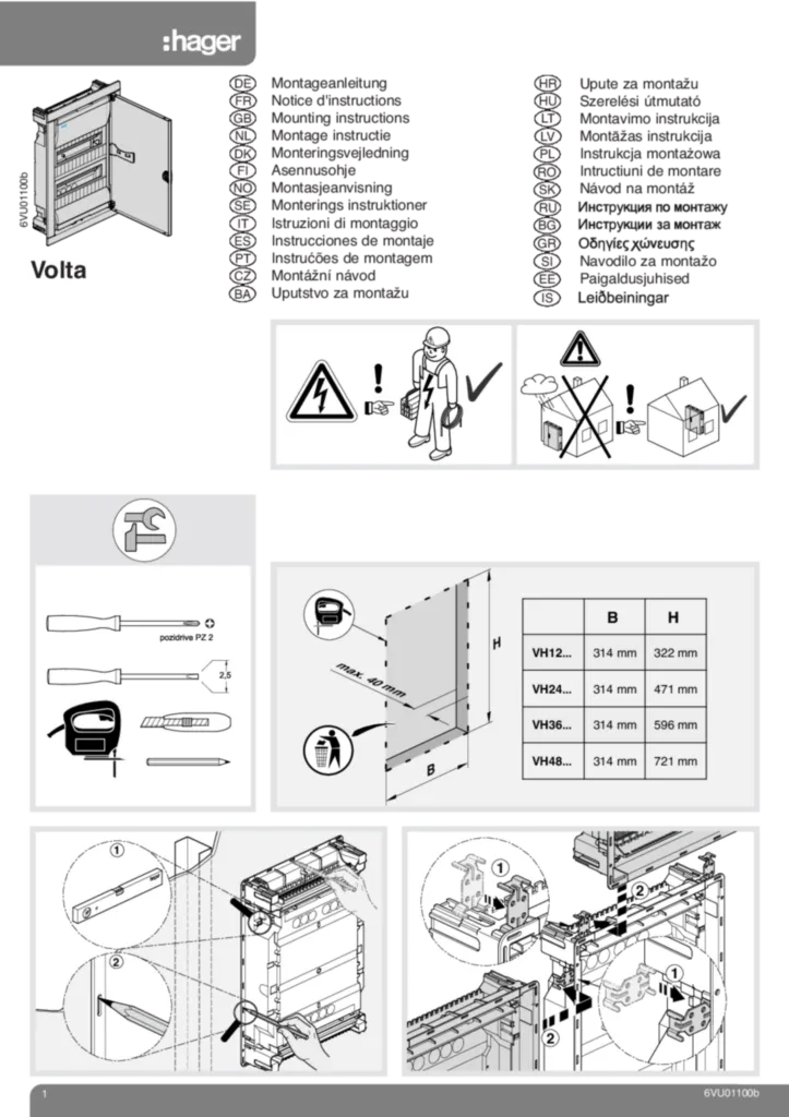 Bild Montageanleitung für VH12AT, VH24AT, VH36AT, VH48AT - Kleinverteiler, Volta, HWV (Stand: 09.2009) | Hager Schweiz