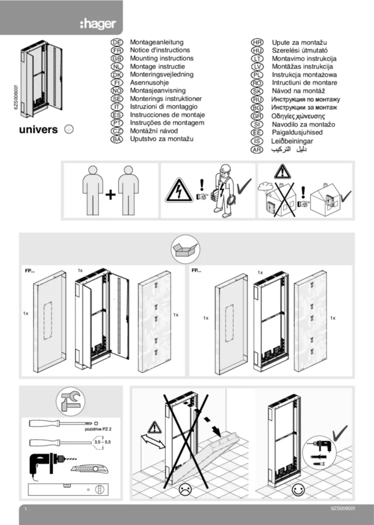 Bild Montageanleitung für FP21T1N, FP22T1N, FP23T1N, FP24T1N, FP25T1N - Schrank, univers, IP30/IP44/IP54 (Stand: 05.2013) | Hager Deutschland