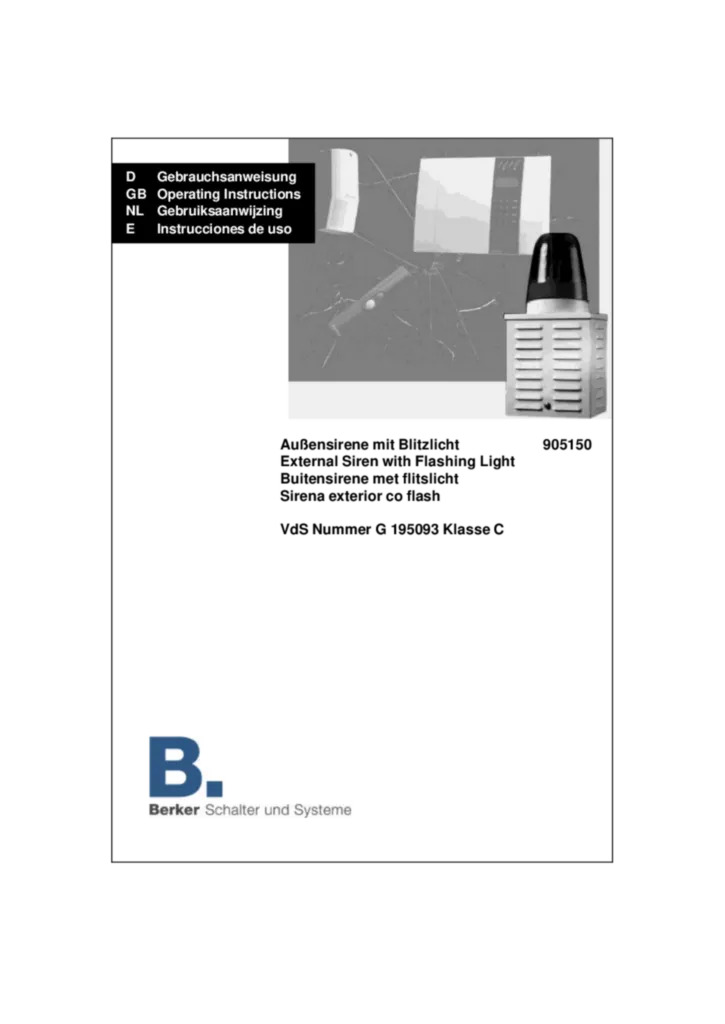 Bild Bedienungs- und Montageanleitung für 905150 - Außensirene mit Blitzlicht (DE-EN-NL-ES, Stand: 12.1999) | Hager Deutschland