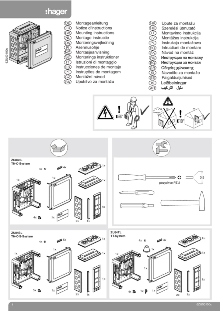 Bild Montageanleitung für ZU84NL - Überspannungsschutzkasten, IP54 (Stand: 05.2011) | Hager Deutschland
