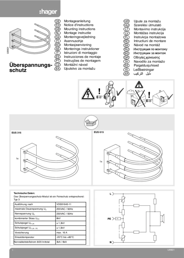 Bild Montageanleitung für EUS315, EUS615 - Überspannungs-Schutzeinrichtung Typ 3 (DE, Stand: 07.2013) | Hager Deutschland