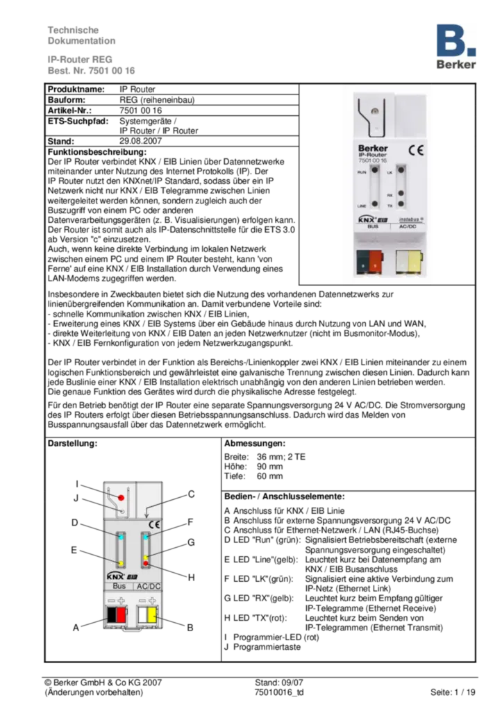 Bild Applikationsbeschreibung ETS für 75010016 - IP-Router REG (DE, 2007-08) | Hager Deutschland