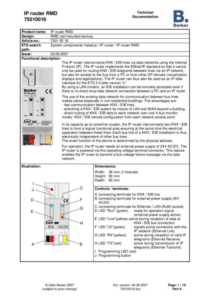 Bild Applikationsbeschreibung ETS für 75010016 - IP-Router REG (EN, 2007-08) | Hager Deutschland