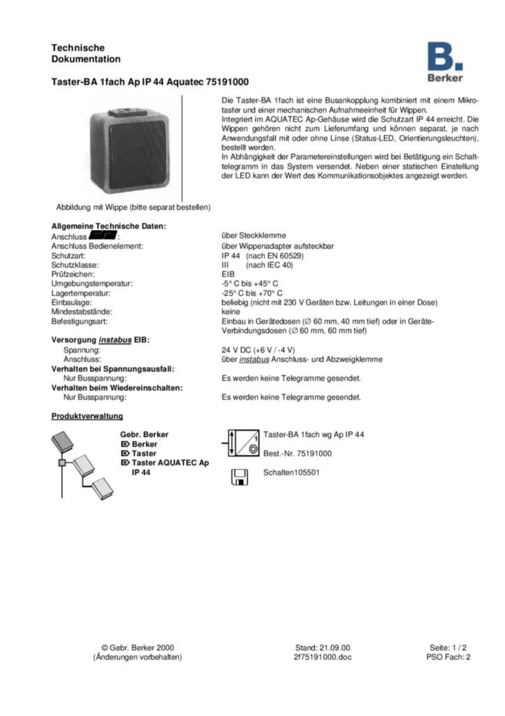 Bild Applikationsbeschreibung ETS für 75191000 - Taster 1fach AP (DE, 2000-09) | Hager Deutschland