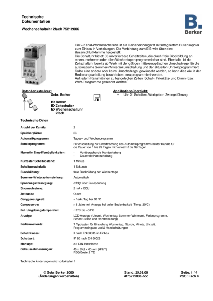 Bild Applikationsbeschreibung ETS für 75212006 - Wochenschaltuhr 2fach REG (DE, 2000-09) | Hager Deutschland
