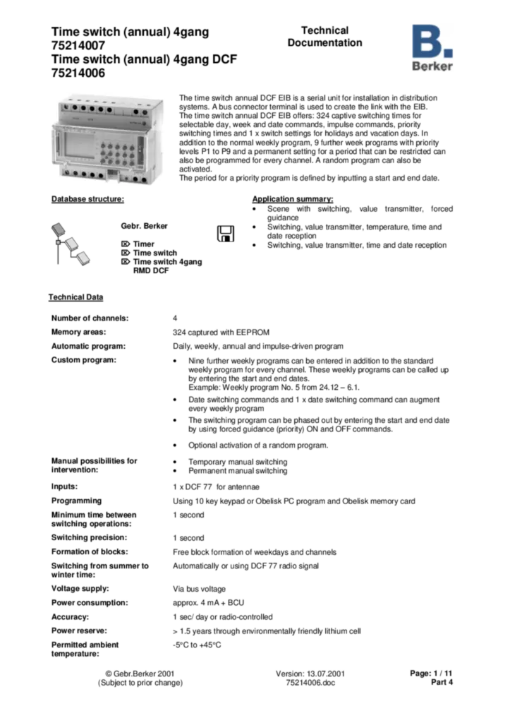 Bild Applikationsbeschreibung ETS für 75214006-75214007 - Jahres-Schaltuhr 4fach REG (EN, 2001-07) | Hager Deutschland