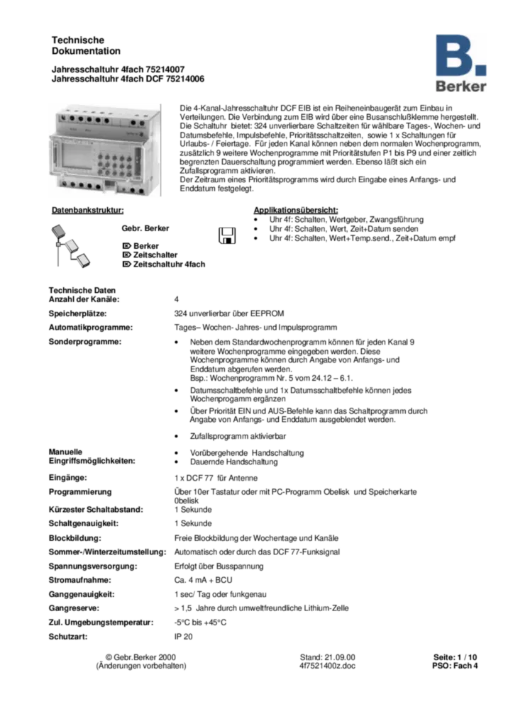 Bild Applikationsbeschreibung ETS für 75214006-75214007 - Jahres-Schaltuhr 4fach REG (DE, 2000-09) | Hager Deutschland