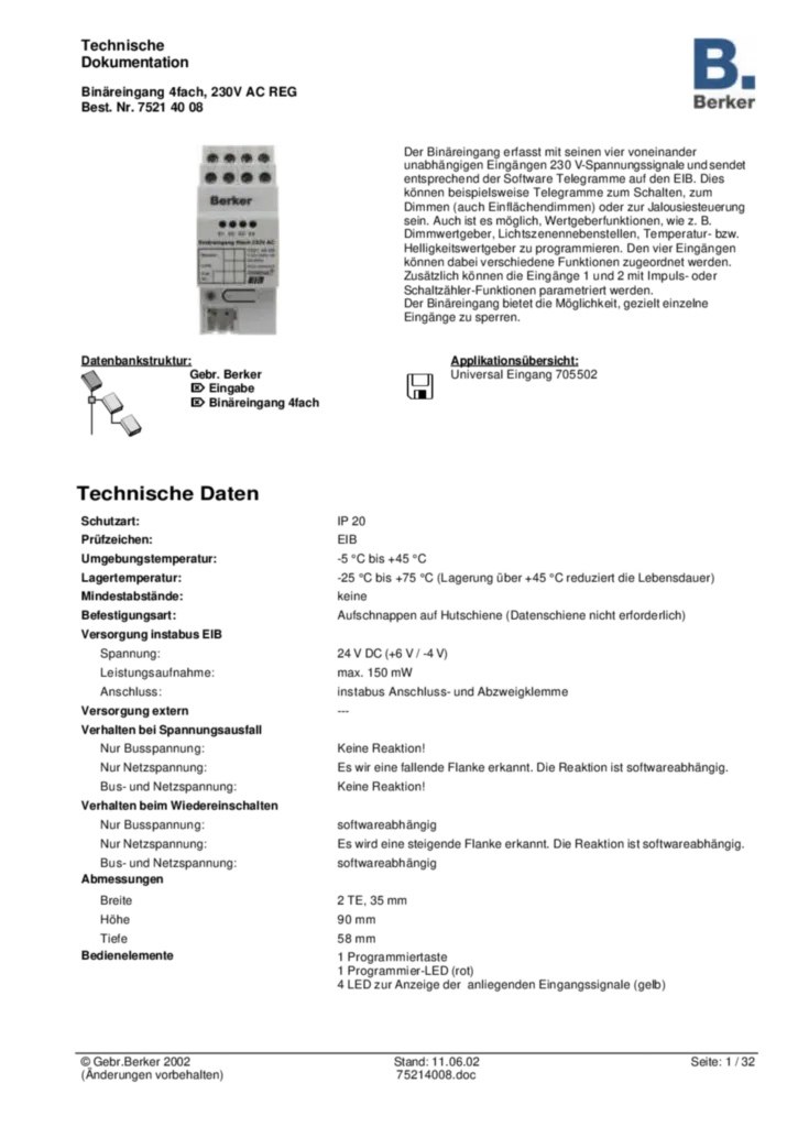 Bild Applikationsbeschreibung ETS für 75214008 - Binäreingang 4fach REG 230 V (DE, 2002-06) | Hager Deutschland