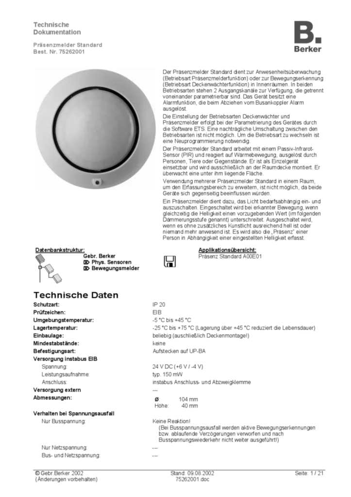 Bild Applikationsbeschreibung ETS für 75262001 - KNX Präsenzmelder (DE, 2002-08) | Hager Deutschland