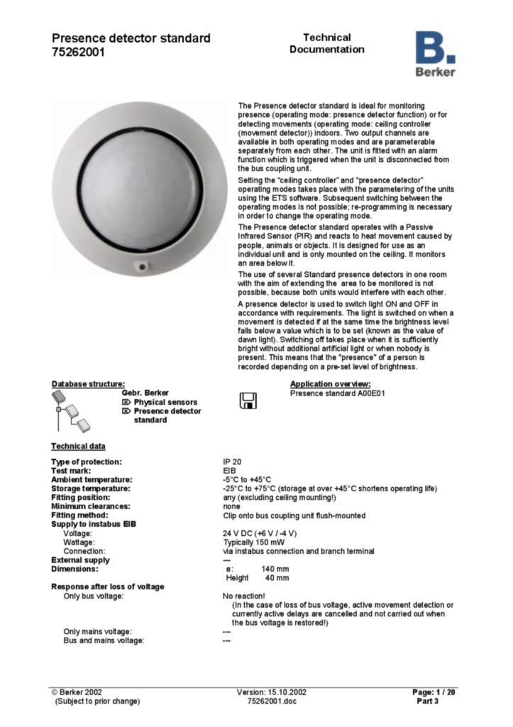 Bild Applikationsbeschreibung ETS für 75262001 - KNX Präsenzmelder (EN, 2002-10) | Hager Deutschland