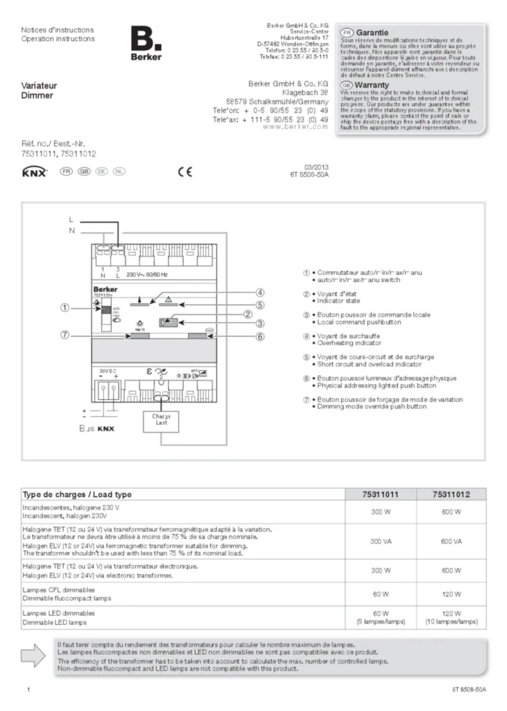 Bild Bedienungs- und Montageanleitung für 75311011, 75311012 - Universal-Dimmaktor 1fach REG 300 W/600 W (DE-EN-NL-FR, Stand: 03.2013) | Hager Deutschland