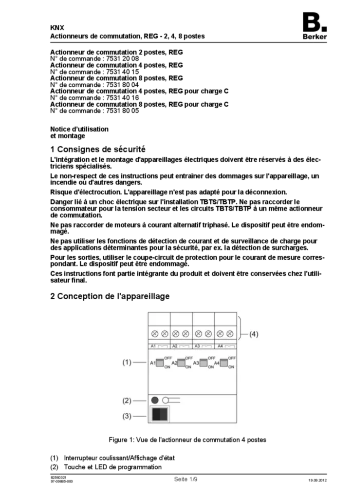 Image Notice d'instruction pour 75312008-75314015-75314016-75318004-75318005 - Actionneur de commutation rail DIN - 2 postes, 4 postes, 8 postes et 4 postes, 8 postes pour charge C (FR, 2012-09) | Hager France