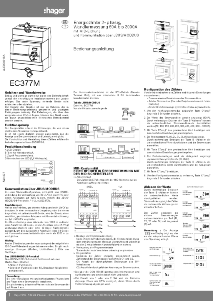 Bild Bedienungsanleitung für EC377M - Energiezähler, 3phasig, über Wandler bis 3000A, Modbus, MID, RS485 (DE-IT, Stand: 11.2014) | Hager Deutschland