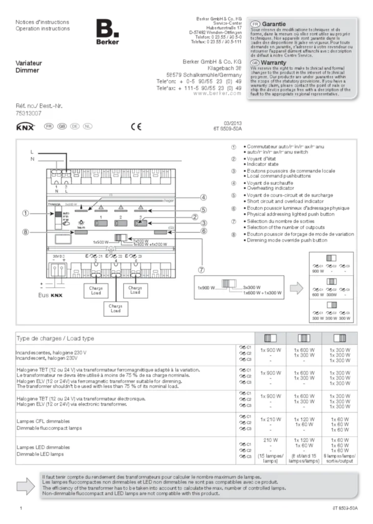 Bild Bedienungs- und Montageanleitung für 75313007 - Universal-Dimmaktor 3fach REG (DE-EN-NL-FR, Stand: 03.2013) | Hager Deutschland