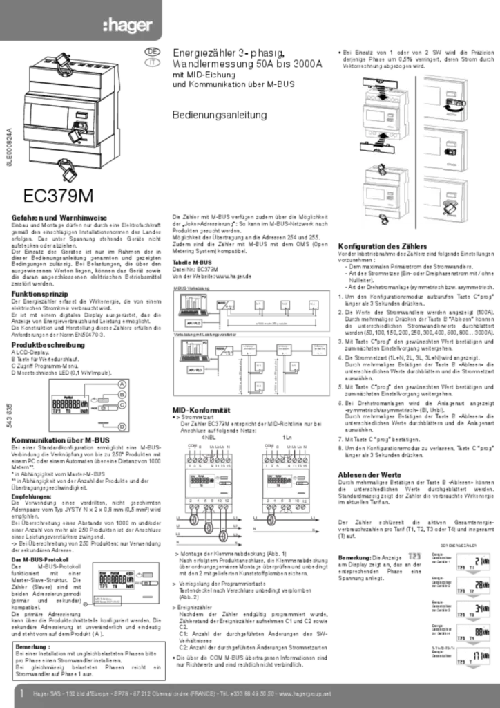 Bild Bedienungsanleitung für EC379M - Energiezähler, 3phasig, über Wandler bis 3000A, Mbus, MID, RS485 (DE-IT, Stand: 11.2014) | Hager Deutschland