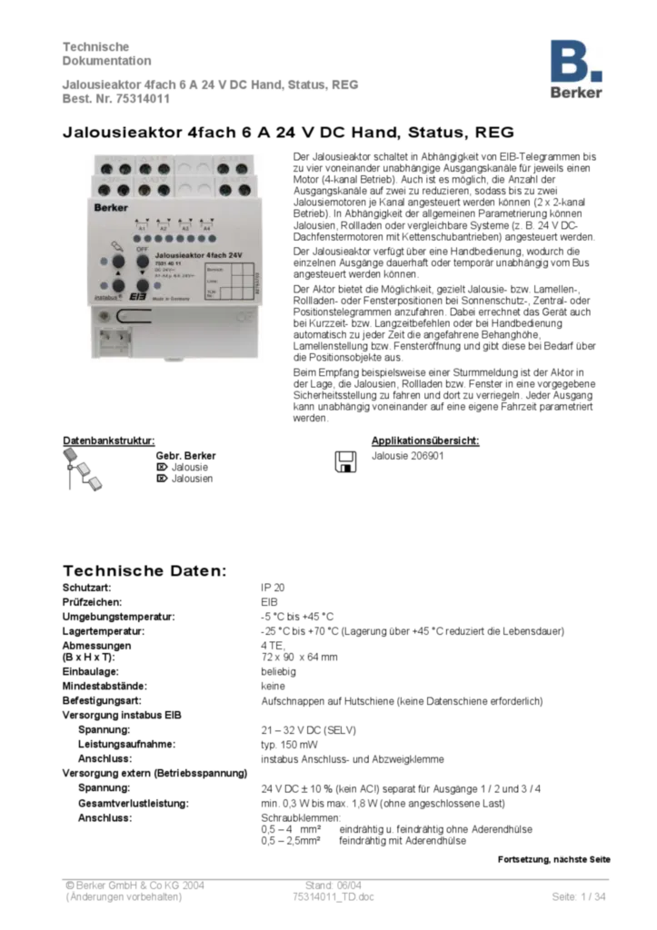 Bild Applikationsbeschreibung ETS für 75314011 - Jalousieaktor 4fach REG 24 V DC (DE, 2004-06) | Hager Deutschland